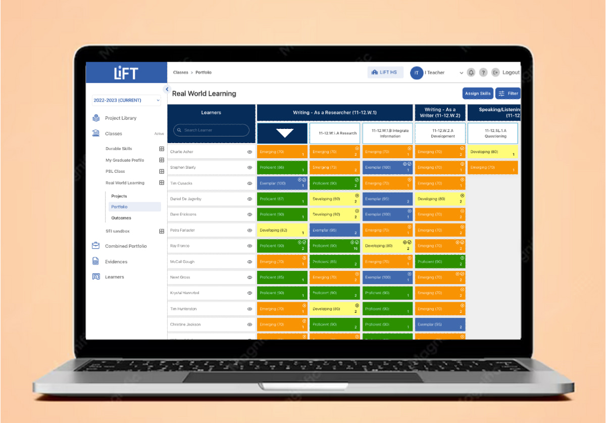 Assessment simplified — teacher portfolio grading view in LiFT