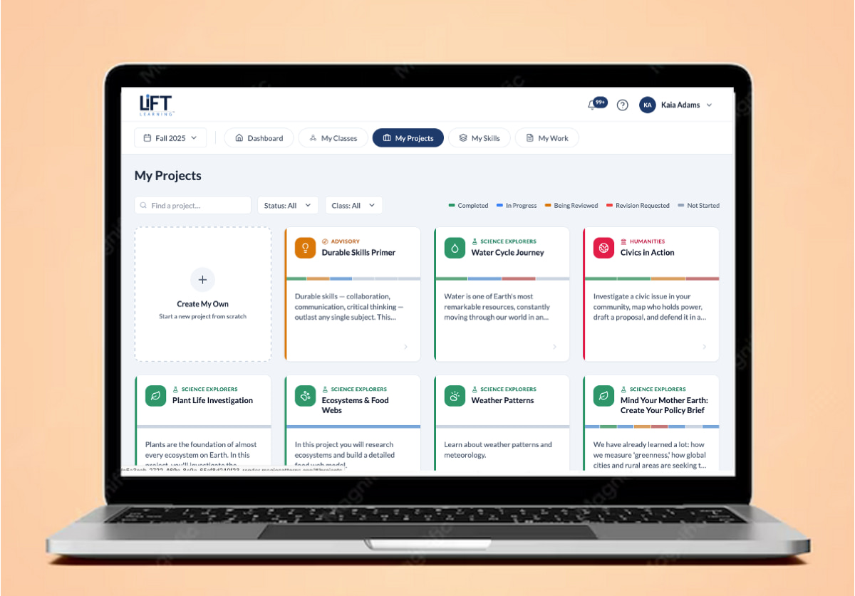 My Projects view — all projects organized by status in LiFT